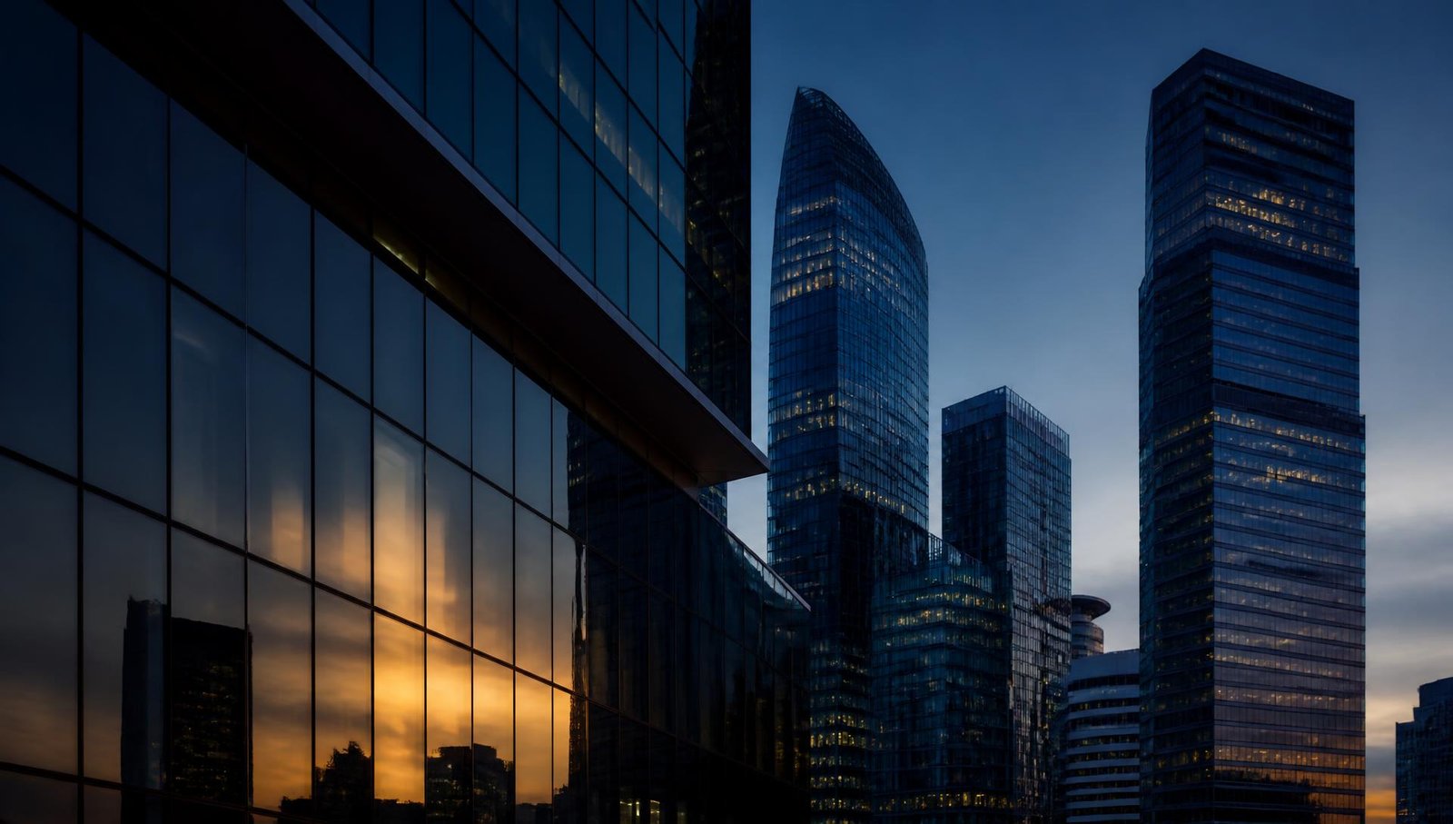 Modern office towers in a business district at dusk